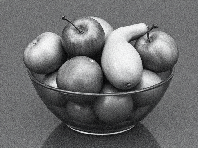 An extremely pixelated, very low resolution, black and white image of a bowl of fruit
