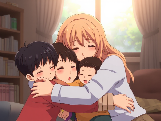 A mother hugging her children in anime