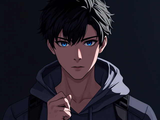 A young man with tousled black hair and striking blue eyes, wearing a sleek, tactical-style futuristic hoodie pulled up, standing in deep shadow, anime style