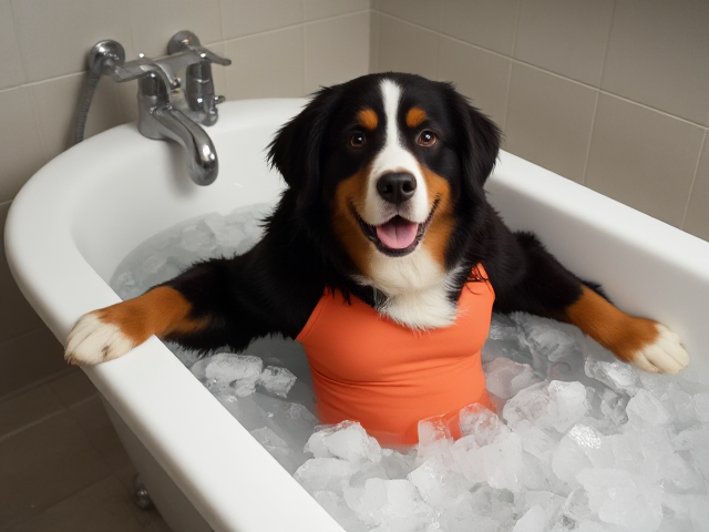 A anthropomorphic Bernese mountain dog wearing a gymnastics leotard submerged in a bathtub full of ice