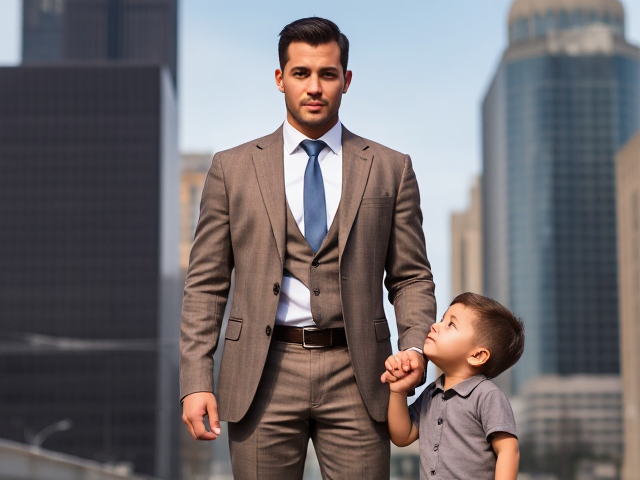 "Place a determined man in the center, wearing a slightly worn suit, with strong, focused eyes. He stands tall, holding the hand of a young child who looks up at him with admiration. The child is about four years old, dressed in simple clothes, symbolizing innocence and trust. Position them so the man’s stance shows resilience and protectiveness. The contrast of the worn suit against the bright cityscape in the background should highlight his journey from hardship to success. The style is impactful and inspiring, emphasizing strength, care, and transformation."