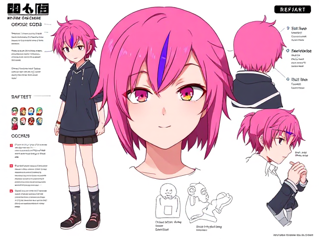 My hero academia oc ref sheet. Neon pink hair with purple strip. Half body view