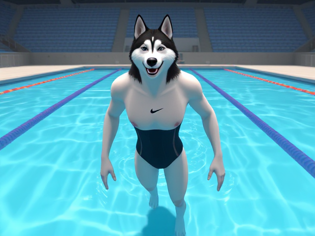 A tall anthropomorphic Siberian husky with a long torso and broad shoulders, wearing a high cut Nike one piece swimsuit while swimming in a Olympic sized pool