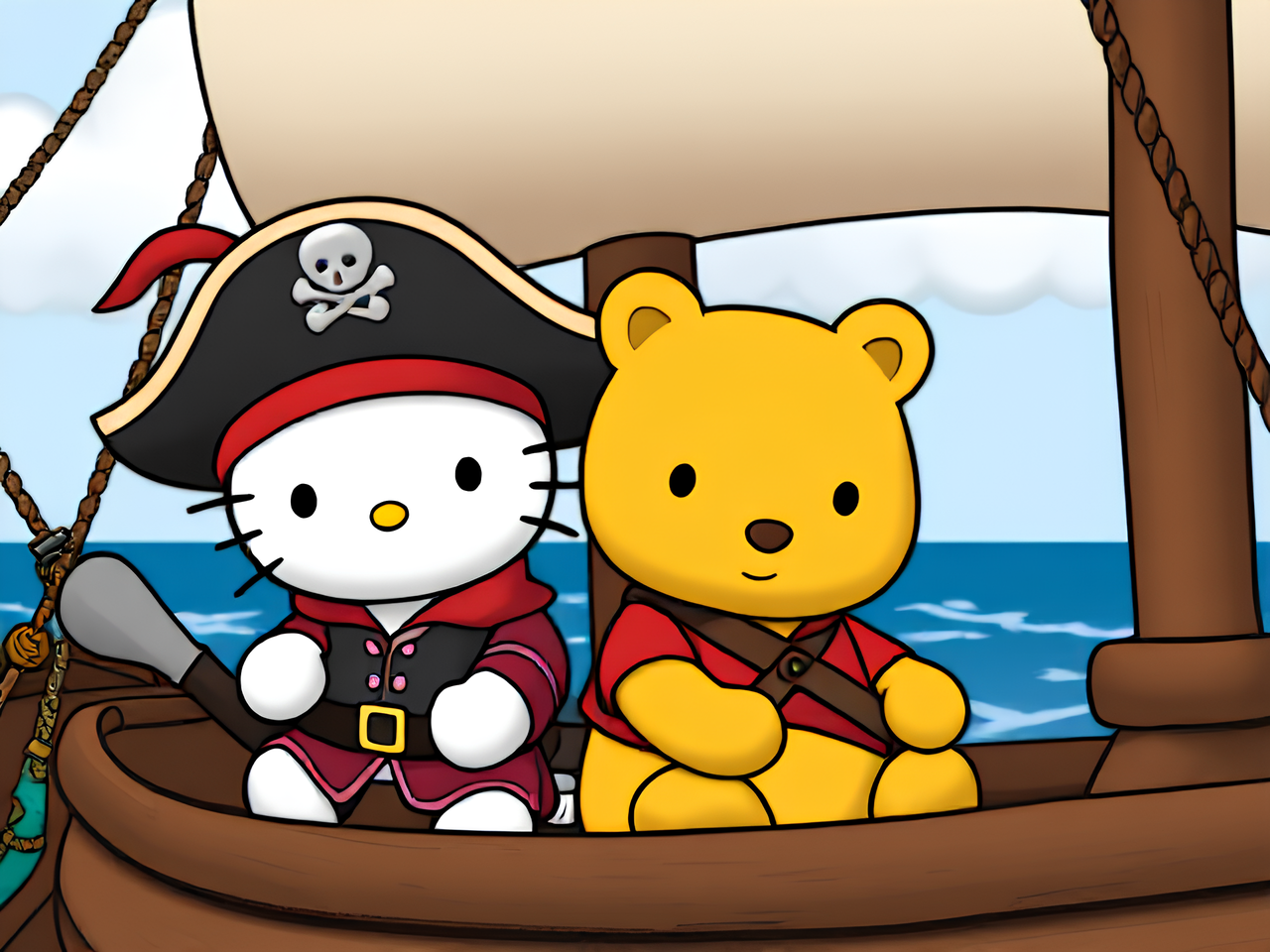 Hello kitty and Winnie the Pooh as pirates on a boat