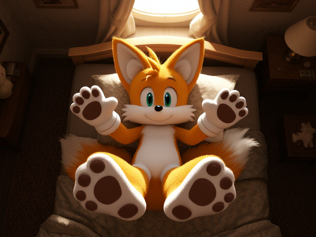 A highly detailed and realistic top-down shot of Miles Tails Prower, the two-tailed anthropomorphic fox from the Sonic the Hedgehog video game series, lying on his back on a bed in a well-decorated and lifelike bedroom with intricate textures. Tails is in a very adorable pose with his paws up in the air, showing the digital pads of his feet. The soft lighting highlights the fur details, surrounded by cozy elements like pillows and blankets. The scene features a rich color palette, visible wood grain furniture, and subtle background decorations such as framed pictures and ambient light sources. Tails is not wearing shoes or gloves, with extra prominent detail on his two tails