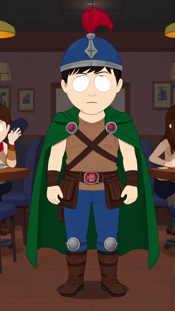 Dramatic South Park scene: Stan Marsh from South Park, light skin and black hair, but as a 14-Year Old teenager with a muscular torso, dressed as a medieval warrior, wearing a light brown tank top, a black belt with a red buckle adorned with a castle emblem with brown pouches and the scabbard for his enchanted sword attached to it, blue jeans, steel armored boots, jeweled wrist cuffs, a really big, heel-length long, ultra-wide green cape held up by two silver buttons with red jewels with a strong unbreakable wire connecting them both, and a blue helmet with buffalo emblems on both sides, outlined by silver steel rims going around and across the top, with a really long red feather sticking out at the top. He is now known as Sir Marsh. Despite still being a teenage kid, he is the Youngest Commander of the Zaronian Army, and one of the youngest and greatest heroes hailing from South Park, Colorado, but now reborn as the real life Kingdom of Kupa Keep, Zaron. In this scene, the young teenage hero is currently standing in a restaurant, awaiting the arrival of someone he knows.
