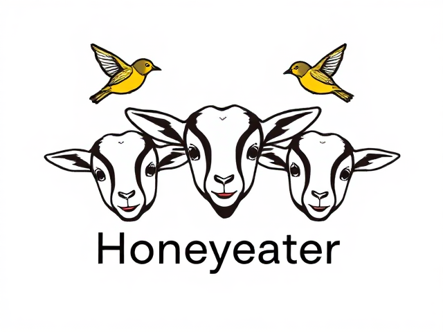 Draw a logo with three baby goats' faces and three honeyeater birds flying around them. Place the title, "Honeyeater", between the birds.