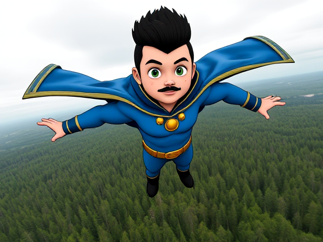 Dramatic cartoon scene: A preteen 12-year old boy with light skin and freckles on his cheeks named Kyle Lipton, but transformed into a superhero named Dr. Dimensionpants, who, despite still being a kid, has an extremely muscular body. He wears a tight blue hood outlined by a yellow line, with a smooth, slicked back black mohawk on top. He also wears a sleek blue bodysuit outlined with yellow lines on the cuffs of the sleeves and pants, a golden belt with a circular buckle, black boots, and a really big, toe-length, ultra-wide blue cape with a really big collar outlined with yellow lines wreathed around his neck held up by a golden button. The pupils in his eyes are green, and he has a black twin moustache. He also has incredible, invincible, and cosmic superpowers flowing through his veins. He is currently flying through the sky high above a vast forest, searching for a lost citizen to rescue.