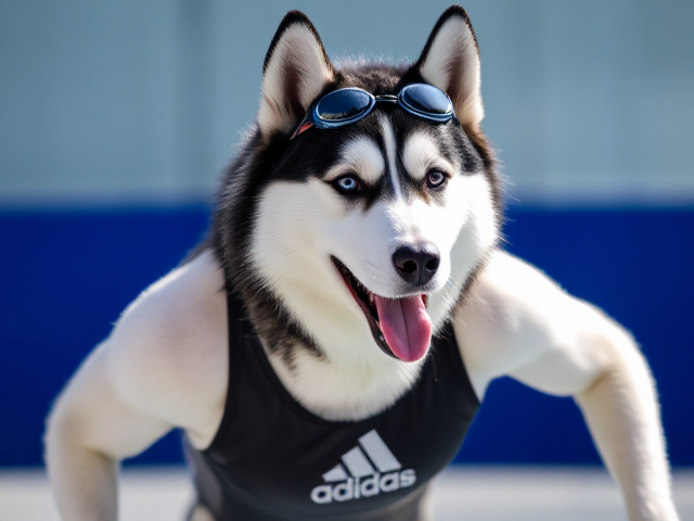 A anthropomorphic Siberian husky wearing an adidas swimsuit and swimming goggles