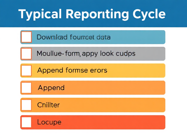 create an image that has a checklist with the below bullets on it 

Typical Reporting Cycle
Download data
Change format, apply lookups
Clean up errors
Append
Merge sources
Filter
Aggregate
Present Visually
