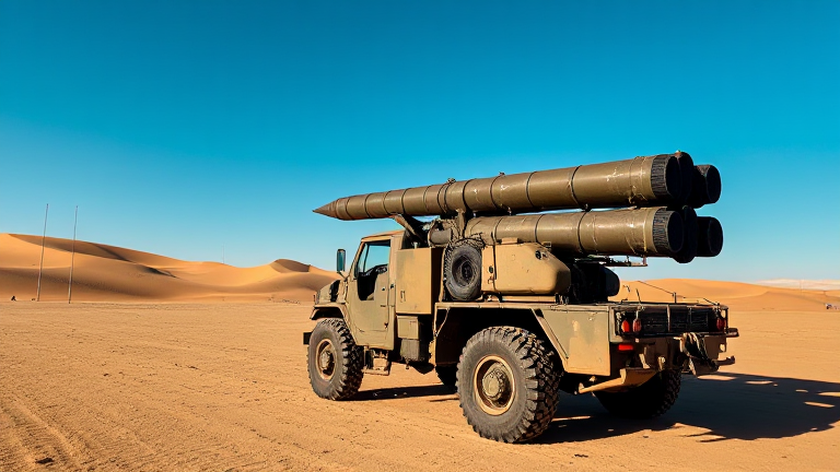 Iranian military missile launcher on a rugged military vehicle in a desert setting with sand dunes and a clear blue sky