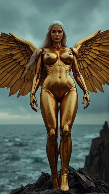 Une image cinématographique en contre plongée dans le style dark fantasy. Une femme ange mécanique aux traits métalliques dorés détaillées qui scintille d'une beauté envoûtante. l'ange déchu aux long cheveux blancs, voluptueuse, taille fine, grosse poitrine, longues jambes et à la peau claire a Ses ailes partiellement endommagées qui se profilent derrière elle, projetant des ombres sur son visage. Sa peau et ses éléments mécaniques fusionnent comme des coulées de métal fondus renforçant les formes de son corps parfait. Elle se tient triomphalement au sommet d'une falaise sur un tas d'adversaires vaincus. La mer et le ciel tumultueux en arrière-plan créent une ambiance intense et orageuse. Un éclairage doux et éthéré met en valeur l'angoisse et la force inhérentes de son visage.