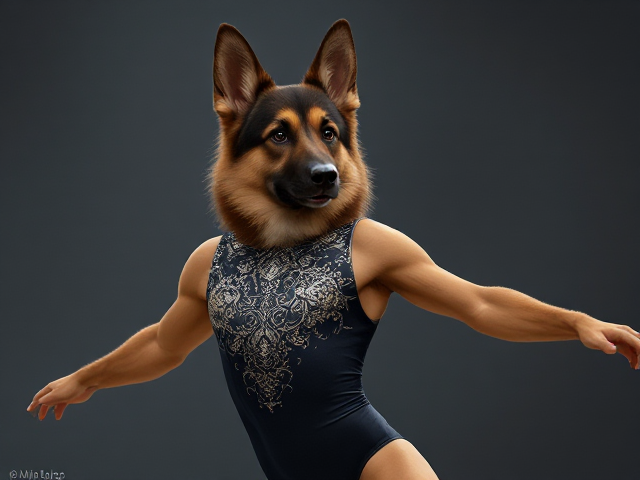 A anthropomorphic German shepherd Olympic gymnast wearing a leotard