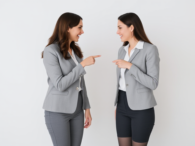 Two beautiful brunette businesswomen in grey cotton stockings facing each other, pointing at each other and giggling hysterically