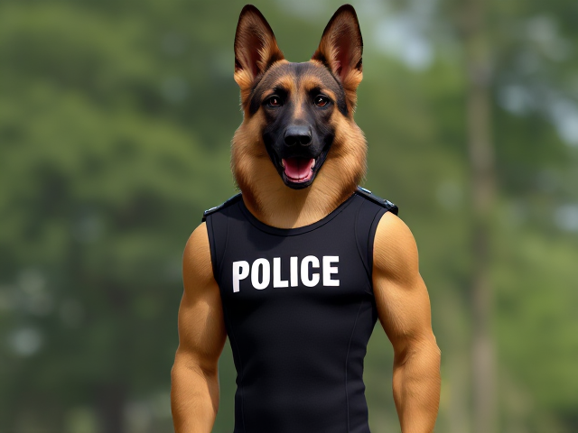 A tall anthropomorphic German shepherd with a long torso and broad shoulders wearing a leotard with “POLICE” written across the front of it