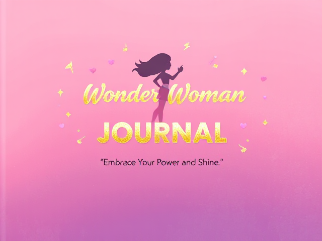 Background: A vibrant gradient background transitioning from soft pink to purple, evoking a sense of energy and inspiration.

Title: The title “Wonder Woman Journal” should be prominently displayed at the center in a bold, playful font. Use a gold foil finish to make it stand out and catch the eye.

Illustrations: Incorporate whimsical illustrations around the title. These could include:

A silhouette of a girl in a superhero pose, possibly wearing a cape.
Stars, hearts, and lightning bolts scattered around the edges to symbolize empowerment and creativity.
Subtitle: Beneath the title, include the subtitle “Embrace Your Power and Shine” in a smaller, elegant font. This could also have a gold accent to maintain the cohesive look.

Textures: Add a subtle texture to the background to create depth, such as a soft watercolor effect or light sparkles that catch the light.

Color Accents: Use additional colors like mint green or soft yellow for the illustrations to create a playful yet harmonious color scheme.

Personal Touch: Include a small space at the bottom corner where girls can write their name or a personal motto, framed with a decorative border.