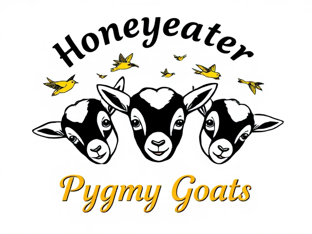 Draw a logo with three baby goats' faces and three honeyeater birds flying around them with the word "Honeyeater" above the goats and "Pygmy Goats" below the goats. Text is arched and cursive. Text is gold with black outline.