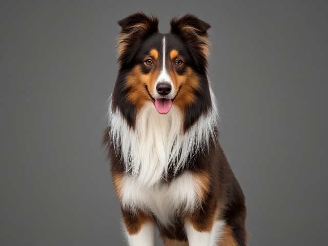 A anthropomorphic rough collie leotard model