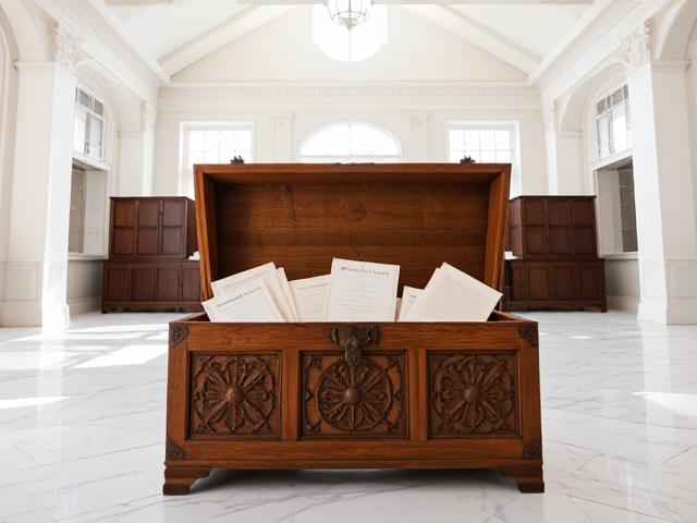 peux tu me generer une image qui montre un coffre en chene avec des motifs ouvert avec des feuilles de papiers dépassant du coffre au milieu d'une pièce au haut plafond blanc avec la lumiere du soleil traversant les fenetres avec un sol en marbre