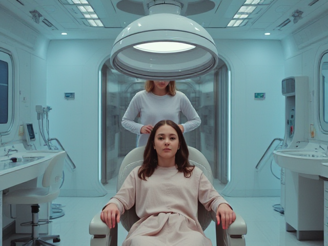 the setting is a futuristic hospital room. cailee spaeny is in a futuristic salon chair with a dryer dome over her head. dakota johnson is standing over her