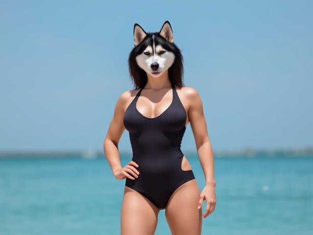A tall muscular female anthropomorphic Siberian husky with broad shoulders wearing a one piece swimsuit