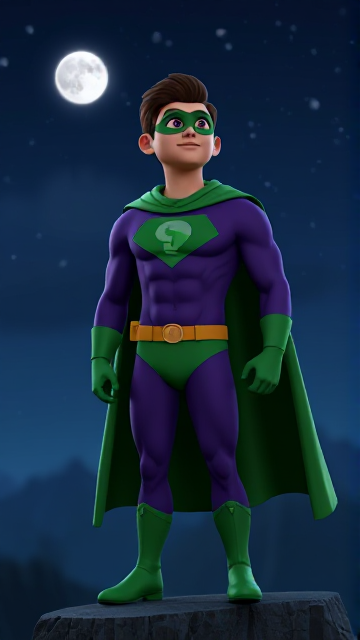 3D Cartoon scene: A young, Autistic 25-year old boy with light skin and flat, smooth, and slick brown hair named T.J. Granger, but transformed into a genetically-altered superhero named Powerman, who, despite still being a young adult kid, has an extremely muscular body. He wears a sleek purple suit with a green P symbol on his chest, a gold belt with a circular buckle, green briefs, green boots, green long-cuffed gloves, a really big, toe-length long, ultra-wide green cape wreathed around his neck, and a green eye mask that protects his true identity. He also has incredible and invincible superpowers flowing through his veins. In this scene, Powerman is currently standing at the edge of a tall cliff at night as he gazes up to the stars, wondering what his true destiny is.