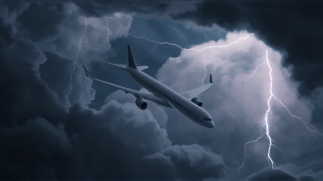 "A dramatic aerial view of a commercial airplane flying through a violent thunderstorm, with lightning bolts splitting the sky and dark clouds swirling, hinting at the chaos within."