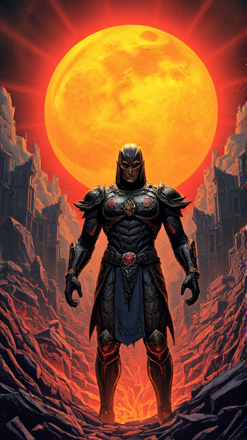 A surreal and sensual scene of a powerful, armor-clad figure surrounded by the destruction of a once-vibrant city. The sun, a massive and intense ball of light, looms in the background, casting dramatic shadows and highlighting the intense colors of the scene. The figure's armor is adorned with intricate, fantastical patterns and appears to be alive, pulsating with energy. The overall atmosphere is a blend of chaos, beauty, and mystery, invoking a sense of both destruction and rebirth.