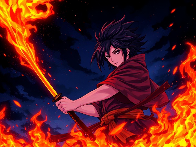 Dessin manga, tanjiro de demon-slayer, feu Katana, fiâmes, nuit ciel était le noir et bleu. Fiâmes rouges oranges et jaunes, bout violettes