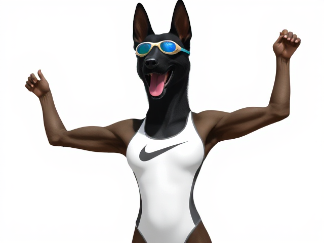 A tall and lean anthropomorphic black German shepherd with a long torso and broad shoulders wearing a white high cut Nike one piece swimsuit and swimming goggles, stretching her arms