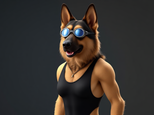 A anthropomorphic long haired German shepherd with a long torso and broad shoulders wearing swimming goggles and a high cut one piece swimsuit
