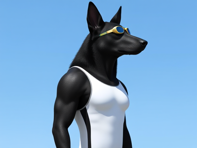 A tall and lean anthropomorphic black German shepherd with a long torso and broad shoulders wearing a white high cut Nike one piece swimsuit and swimming goggles