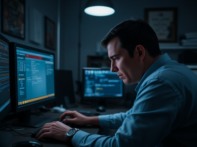 a person sitting at a computer desk, interacting with a complex user interface, furrowing their brows in frustration, cluttered desk with multiple screens and gadgets, dimly lit room with a single overhead light casting shadows, hyper-realistic style, high-detail textures on the face and environment, close-up shot from the side angle capturing the expressions clearly
