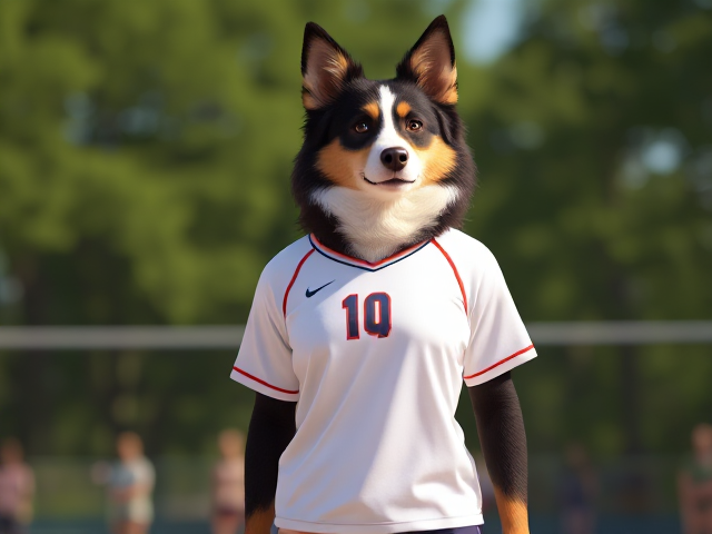 A tall anthropomorphic border collie volleyball player in her volleyball uniform