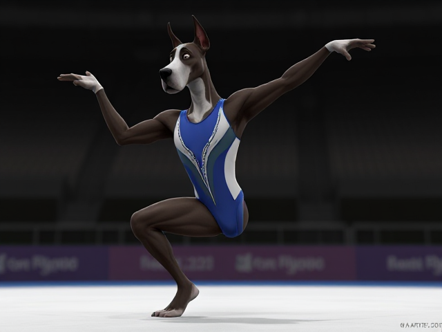A anthropomorphic Great Dane Olympic gymnast wearing a leotard, stretching
