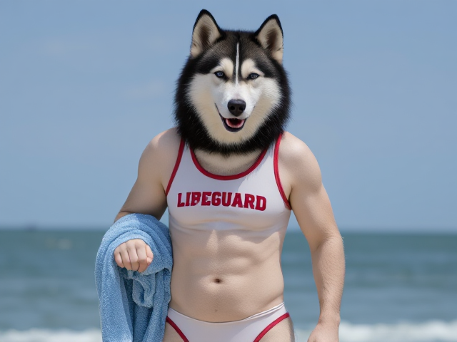 A tall anthropomorphic Siberian husky wearing a lifeguard swimsuit drying off with a towel