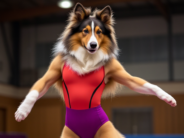 Anthropomorphic Rough Collie wearing a vibrant gymnastics leotard, posing dynamically in a gym setting, detailed fur texture and realistic lighting