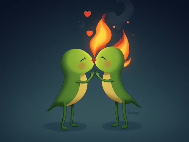 Leaf with two legs and two arms kissing a flame with two arms and two legs