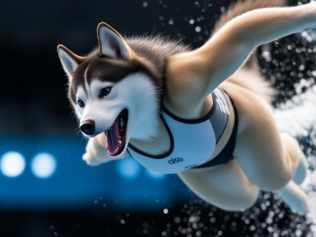 Anthropomorphic female Siberian husky performing an Olympic dive, wearing a sleek diving suit, detailed fur and expression, dynamic water splash effect, realistic lighting