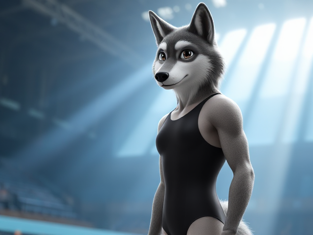 A tall gray wolf Olympic swimmer with long arms, short legs, broad shoulders and a long torso wearing a one piece swimsuit