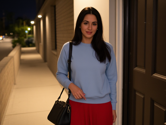 Thin in her 20s Brunette with dark hair wearing a light blue sweatshirt and red maxi skirt with her purse late at night hnlockinv her apartment doo