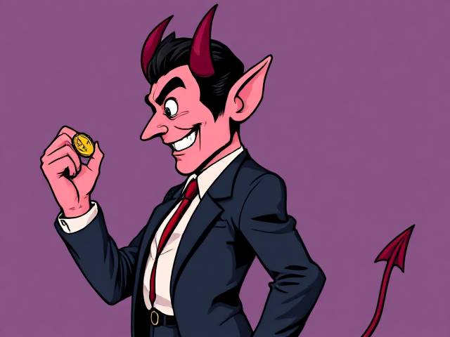 Handsome adult cartoon devil in a business suit with a split body, one half soft pink and the other half black, facing right while flipping a coin with a mischievous grin
