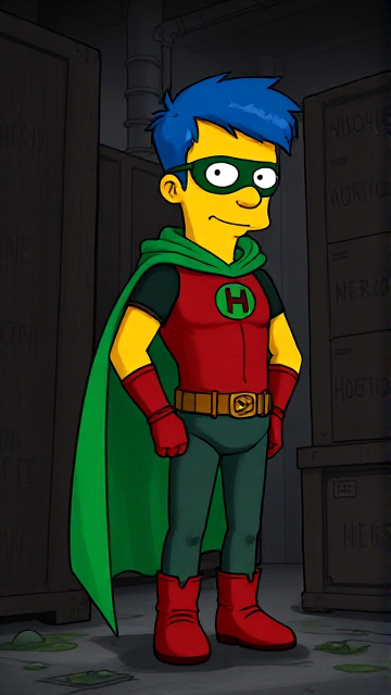 Dark and Dramatic Cartoon scene: Milhouse Van Houten from The Simpsons, with his yellow skin, really big round nose, and blue hair that's slicked back and curled up at the top, but as a tall, 18-year old teenager, dressed as a parody of Robin, The Boy Wonder, with an extremely muscular body, a dark green bodysuit with a red torso adorned with a green H symbol on his chest, a grey utility belt, red boots, red long-cuffed gloves, a big, heel-length long, ultra-wide green cape wreathed around his neck held up by a silver triangular button, and a green eye mask with optical lenses in it, now known as Houseboy, The Nerd Wonder, the other half of Springfield's Dynamic Duo, and one of the greatest vigilante superheroes ever known in Springfield. The teenage vigilante hero is currently hiding behind a large stack of crates in a dark factory, beginning his infiltration into a villain's lair as he plans out his strategy to find a way to sneak in undetected.