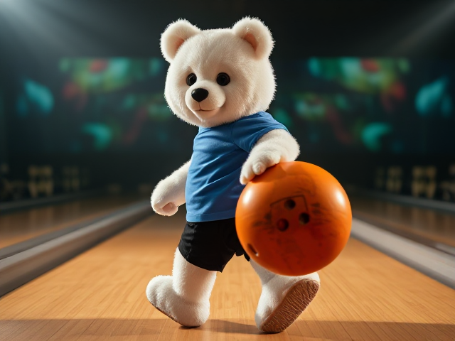 A pro bowler human teddy bear white fur wearing a blue t shirt black shorts with an orange and black dull bowling ball with a high back swing aggressively walking towards the approach