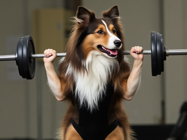 Rough collie wearing a leotard lifting a barbell