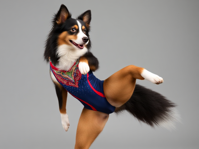 Anthropomorphic Australian shepherd with a focus on prominent hips, wearing a detailed gymnastics leotard, vibrant colors, dynamic pose