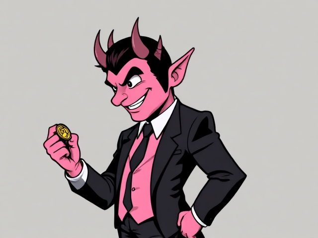 Handsome adult cartoon devil in a two-tone black and soft pink business suit with a split body, one half soft pink and the other half black, facing right while flipping a coin with a mischievous grin. Subject is facing 90 degrees to the right