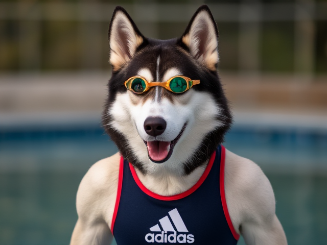 A anthropomorphic Siberian husky wearing an adidas swimsuit and swimming goggles