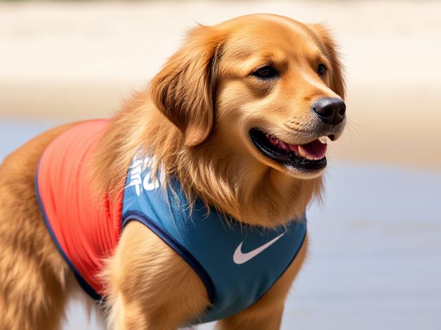 Anthropomorphic golden retriever in a Nike swimsuit, realistic fur texture, vibrant colors, sunny beach background