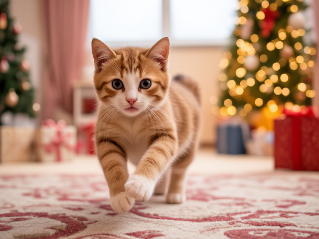 Create an image with a cat in a present on Christmas day with a kid running and being very happy